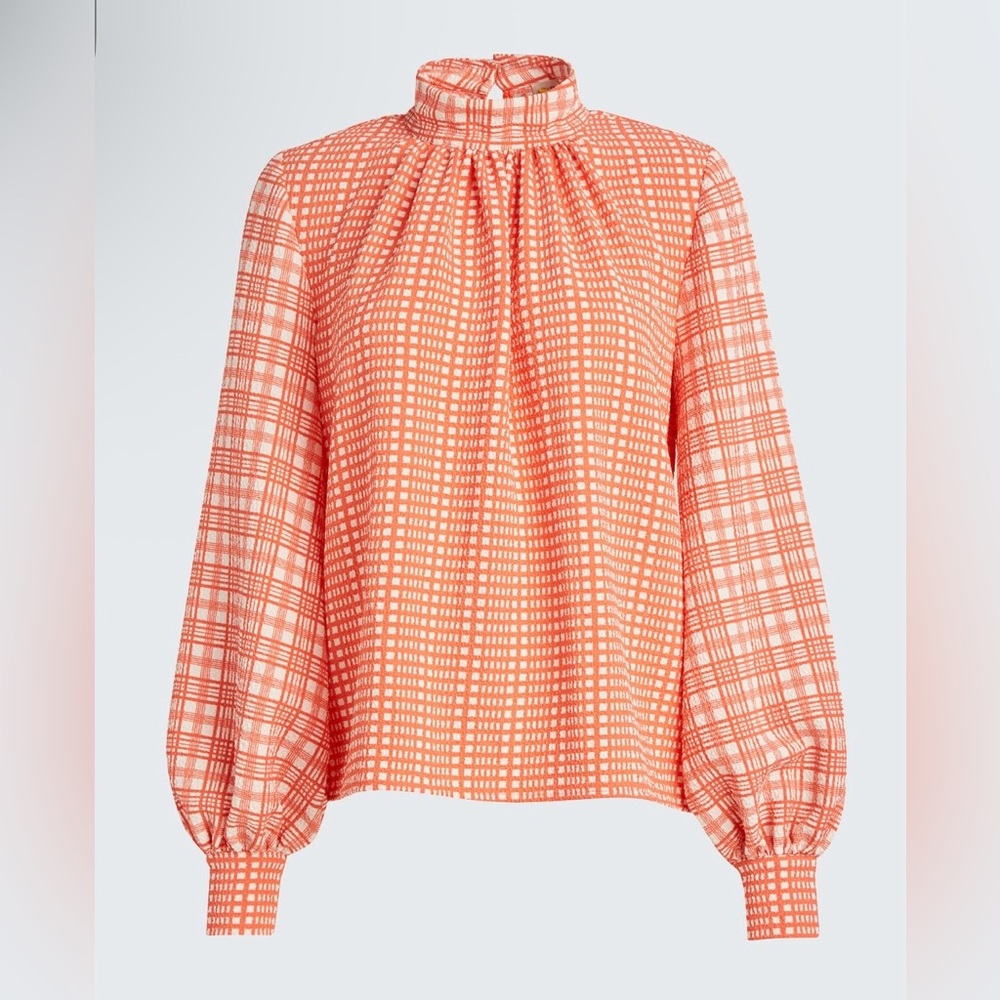 STINE‎ GOYA Orange and White Gingham & Plaid Eddy Blouse Medium
